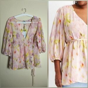 Pastel Floral Wrap Blouse 3/4 Sleeve White/Pink Size L